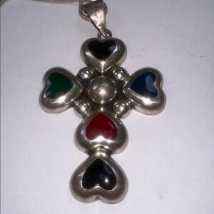 VINTAGE MEXICO STERLING SILVER INLAID STONE HEART CROSS PENDANT w/ SS 35" Chain